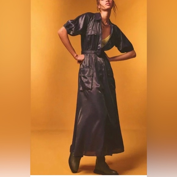 Samant Chauhan Dresses & Skirts - Samant Chauhan Anthropologie Metallic Zip Front Shirt Dress M Black Utility Maxi